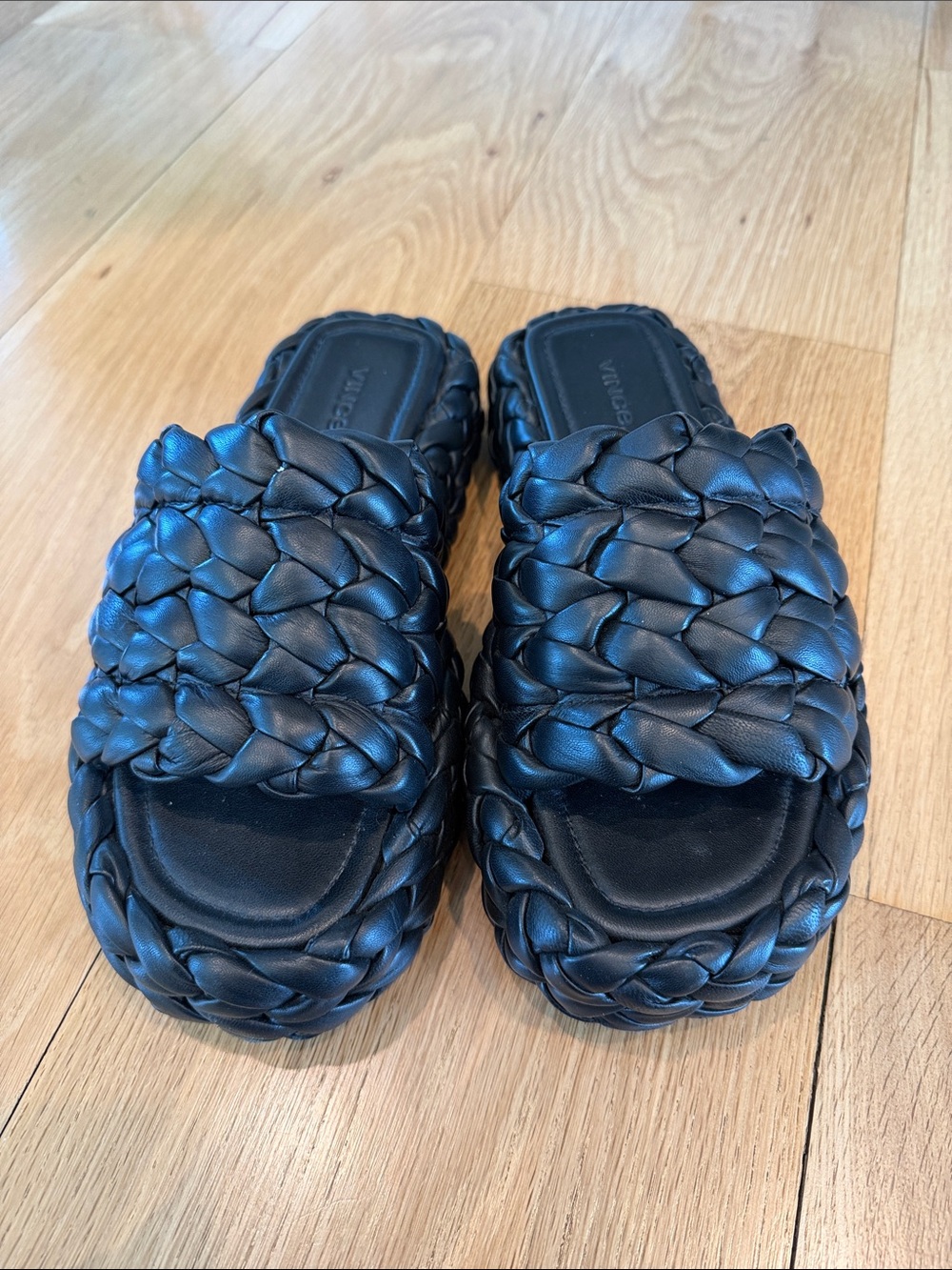 VINCE PLATFORM Black Braided Slide Sandals